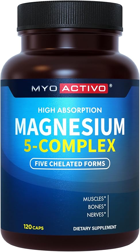 MyoActivo 5-in-1 Magnesium Complex - High Absorption - Chelated Magnesium Glycinate Malate Citrate Taurate &amp Aspartate for Nerves Muscles Bones | 120 Capsules | Magnesium Supplement