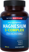 MyoActivo 5-in-1 Magnesium Complex - High Absorption - Chelated Magnesium Glycinate Malate Citrate Taurate &amp Aspartate for Nerves Muscles Bones | 120 Capsules | Magnesium Supplement
