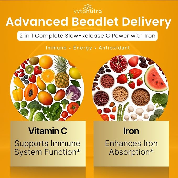 Immune Support Vitamin C – with Iron Non-GMO Vegan Gluten-Free Slow Release Beadlet Capsules 90 Count
