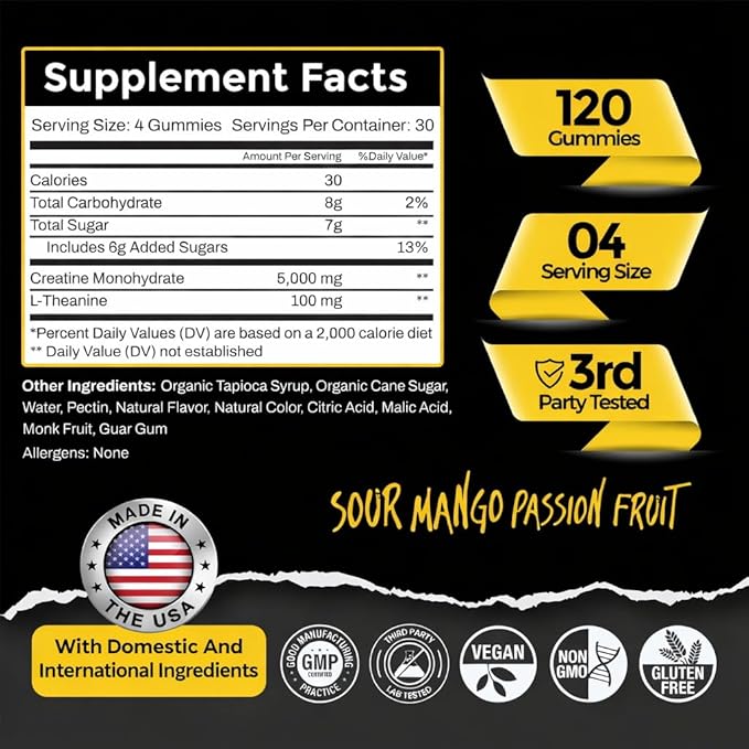 Creatine Gummies for Men &amp Women – Creatine Monohydrate + L-Theanine for Strength Energy &amp Focus – Vegan Non-GMO Gluten Free Made in USA – 120 Count (30 Servings)