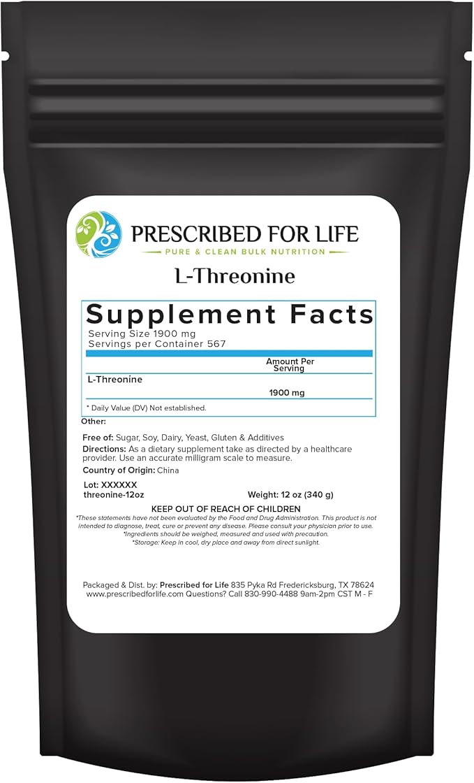 Prescribed For Life Threonine Powder (Assay: &gt 99%) L Threonine Essential Amino Acids Supplement Vegan Gluten Free Non GMO (12oz / 340g)