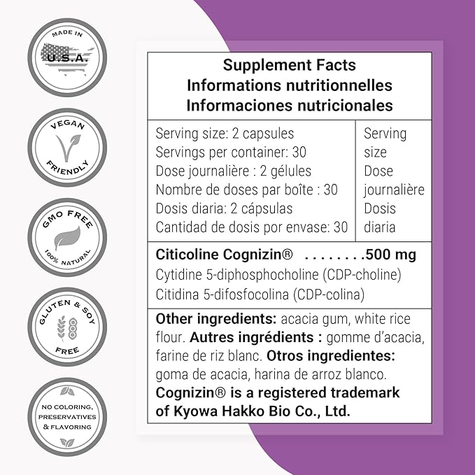 Supersmart - CDP Choline 1000mg per Day (Patented &amp High Dose) - Cognizin Citicoline Supplement | Non-GMO &amp Gluten Free - 60 Vegetarian Capsules
