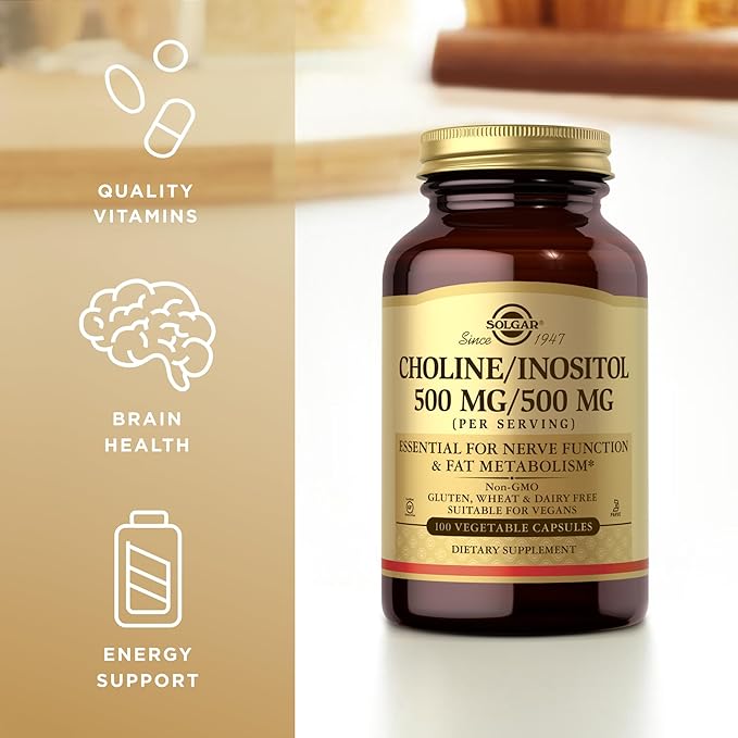 Solgar Choline/Inositol 500 mg/500 mg 100 Vegetable Capsules (Pack of 3) - Energy Metabolism Liver Health Essential for Brain &amp Nerve Function - Non-GMO Vegan Kosher - 150 Total Servings