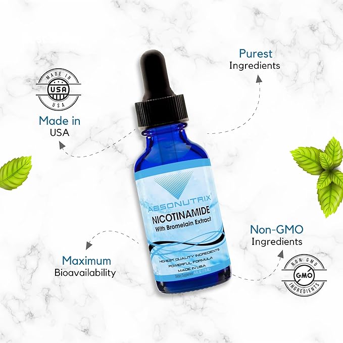 Absonutrix Nicotinamide with Bromelain Extract Advanced Formula 390 mg 4 Oz Liquid 302 Servings Made in USA Quick Absorption Quality Potent Ingredients Non-GMO GMP Certified Facility