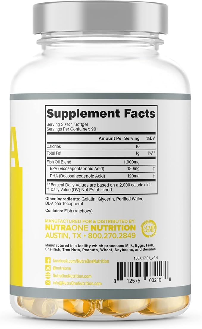 NutraOne OmegaOne Omega-3 Fish Oil Supplement (90 500mg Fish Oil Pills)