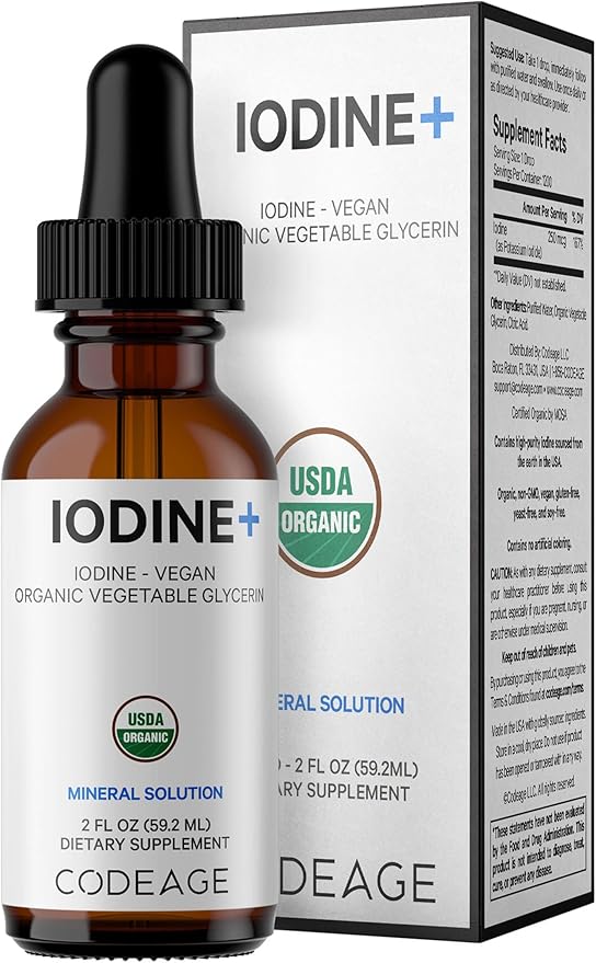 Codeage USDA Certified Organic Iodine Drops - 250 Mcg Per Serving - 1+ Year Supply - Liquid Iodide Supplement - Pure Clear Iodine - Vegan Potassium Iodine Liquid Drop - 2 fl oz