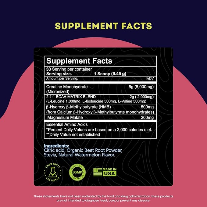 Creatine Monohydrate 5g with BCAAs –Support Muscles Cellular Energy and Cognitive Function* – Watermelon Micronized Powder – 30 Servings Keto Friendly - Gluten-Free