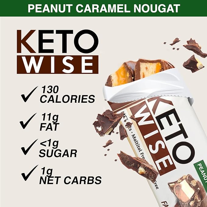Keto Wise Fat Bombs - Made with Chocolate containing MCT Oil - Low Fat Low Carb and Keto Friendly Snack - 7g Fat 2g Net Carbs | Peanut Caramel Nougat Pack of 16