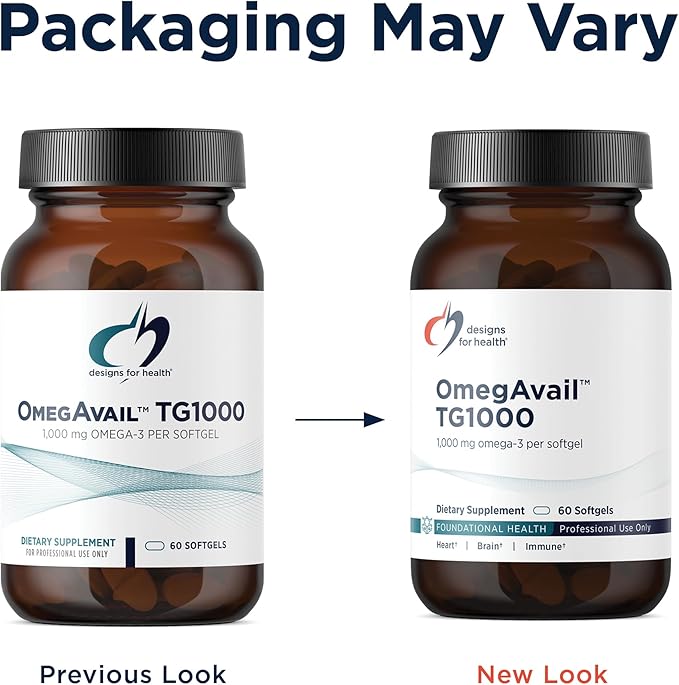 Designs for Health OmegAvail TG1000 - TG (Triglyceride) Fish Oil Supplement with EPA/DHA - Highly Concentrated 1000mg Omega-3 Per Softgel - Natural Lemon Flavor + No Fishy Aftertaste (60 Softgels)
