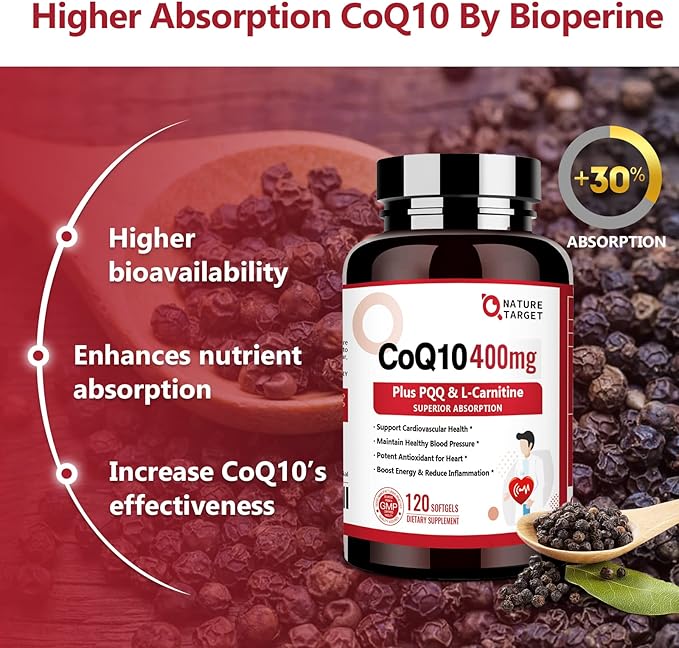 NATURE TARGET CoQ10-400mg with PQQ Omega-3s &amp L-Carnitine High Absorption Coenzyme-Q10 with BioPerine Supports Heart Brain Immune System Energy Production 120 Servings