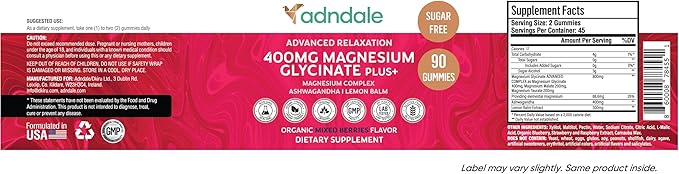 Adndale 180 CT Magnesium Glycinate Gummies 400 mg/Serv with Ashwagandha Magnesium Malate &amp Taurate Sugar Free Chews for Adults &amp Kids