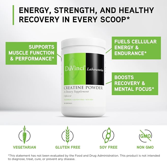 DAVINCI LABS Creatine Powder - Amino Acid Drink Mix Powder for Muscle &amp Brain Health* - Vegetarian Gluten-Free &amp Soy-Free - Unflavored 90 Servings