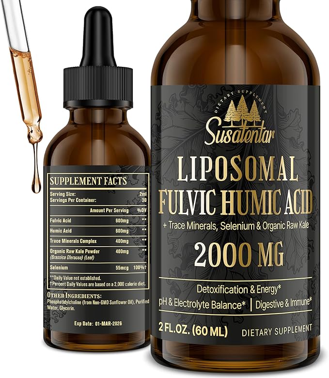 2000 MG Liposomal Fulvic Acid + Humic Acid + Trace Minerals Complex - More Potent Than Shilajit Electrolytes Liquid Supplement with Organic Kale for Energy Digestion Immunity &amp pH Balance 2 Oz
