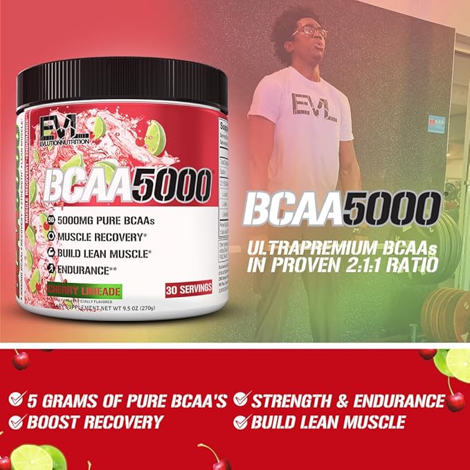 Evlution EVL BCAAs Amino Acids Powder - BCAA Powder Post Workout Recovery Drink and Stim Free Pre Workout Energy - 5g Branched Chain Amino Acids Supplement for Men - Cherry Limeade