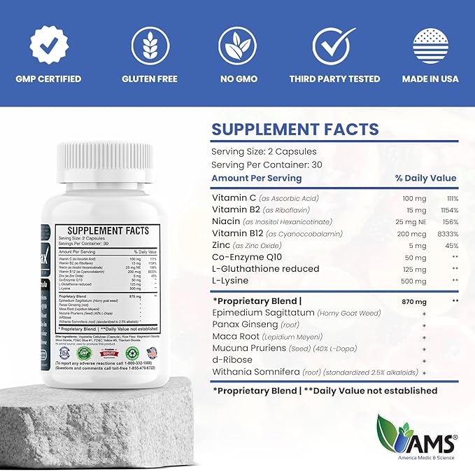 America Medic &amp Science Sperm Count Max (60 Capsules) | Male Fertility Supplement | Enhances Sperm Count and Reproductive Health | Prenatal Vitamins for Men | with Zinc CoQ10 Vitamin C B2 and