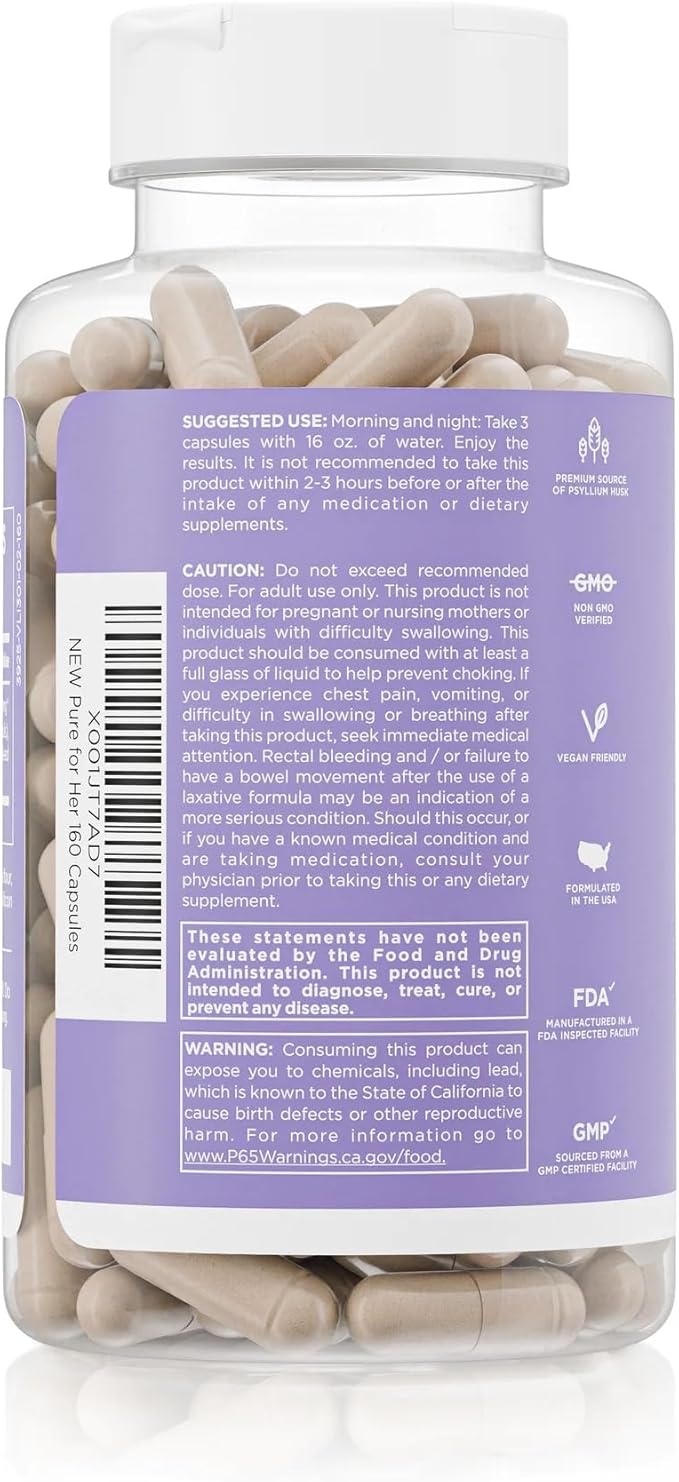 Pure for Her Vegan Stay Ready Fiber Supplement for Women | Bloat &amp Gas Relief Supports Digestive Health Regularity &amp Appetite Control | 160 Capsules