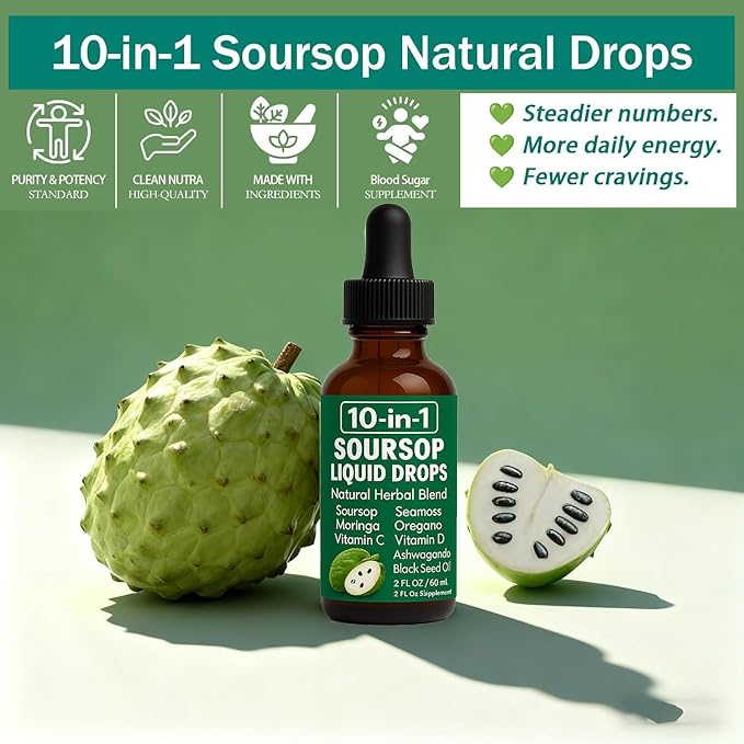 10-in-1 Soursop Extract Drops | Soursop Bitters Liquid with Sea Moss Turmeric Moringa Oregano Black Seed Oil Ashwagandha Chlorophyll - Support Heart Health Non-GMO | 2 Fl Oz (1)