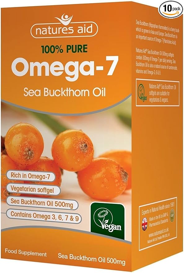 Natures Aid Sea Buckthorn Oil 500mg (Omega-7) 60 Vegan Softgels (Pack of 10)