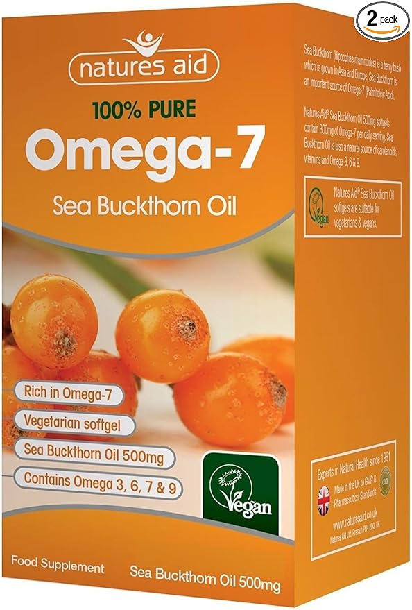 Natures Aid Sea Buckthorn Oil 500mg (Omega-7) 60 Vegan Softgels (Pack of 2)