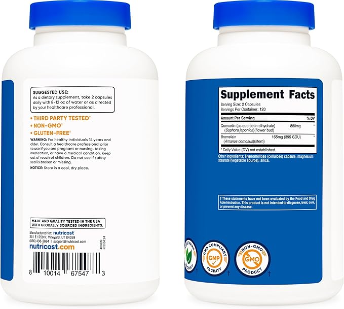 Nutricost Quercetin 880mg 240 Vegetarian Capsules with Bromelain (165mg) - 120 Servings (440mg Quercetin Per Cap) - Gluten Free Non-GMO