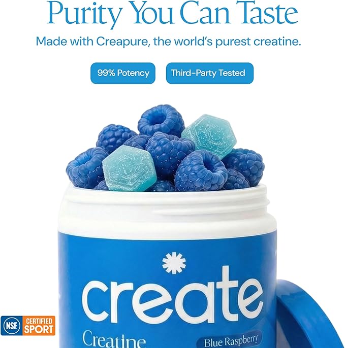Create Creatine Monohydrate Gummies for Men &amp Women Boost Focus Strength and Endurance Anti-Melting Formula Vegan Gluten-Free Non-GMO 1.5g of Creatine per Gummy (Blue Raspberry)