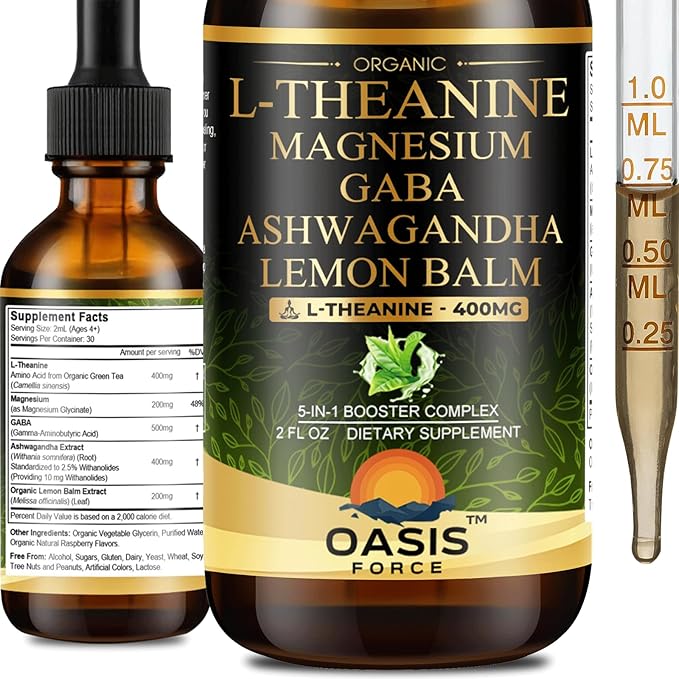 L Theanine 400mg Liquid Drops L-Theanine Supplement for Adults &amp Kids with GABA Magnesium &amp Ashwagandha Natural Sleep Focus &amp Relaxation Support Vegan Alcohol-Free Non-GMO 2 FL OZ