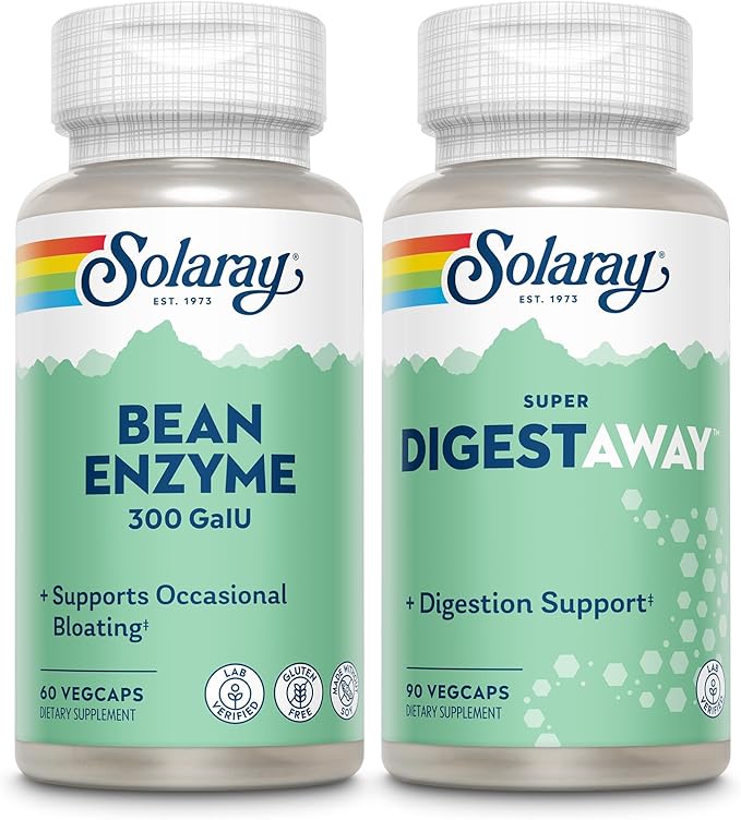 SOLARAY Bean Enzyme and Super Digestaway - Digestive Enzymes Bundle - Alpha Galactosidase Papain Ginger Pepsin Betaine HCl Aloe Vera and More - Digestion and Nutrient Absorption Support 60/90ct