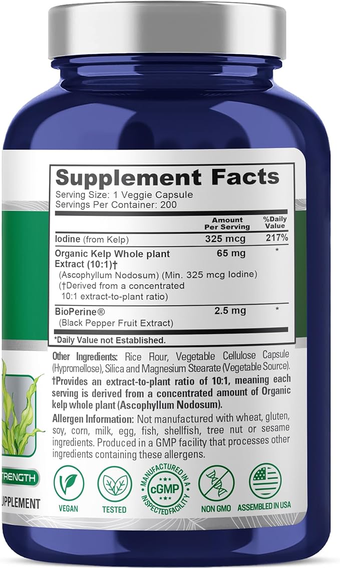 NusaPure Sea Kelp Natural Iodine Capsules 65 mg 200 Veg Capsules (Non-GMO Vegan)