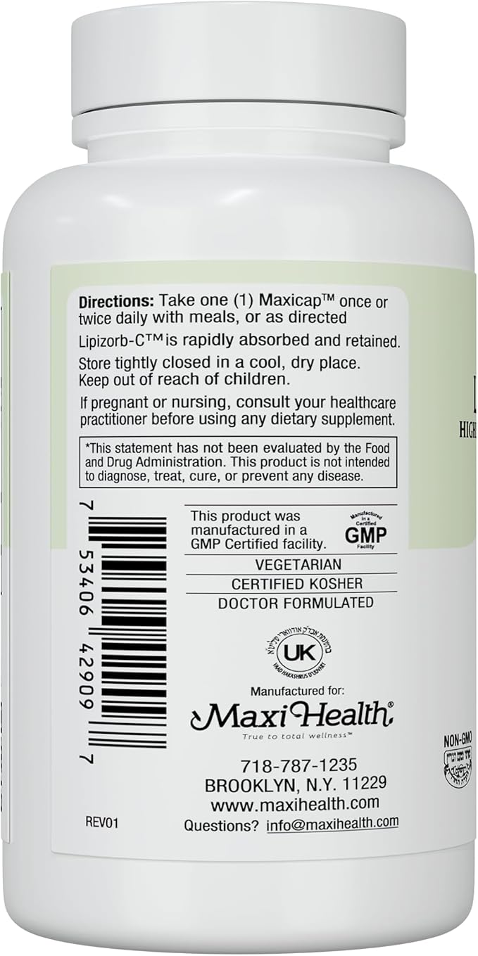 Maxi Health Liposomal Vitamin C 500mg Capsules with Digestive Blend Highly Absorbable High Dose VitaminC Non GMO Kosher Vegetarian Doctor-Formulated Immune Support Supplement (90 Count)