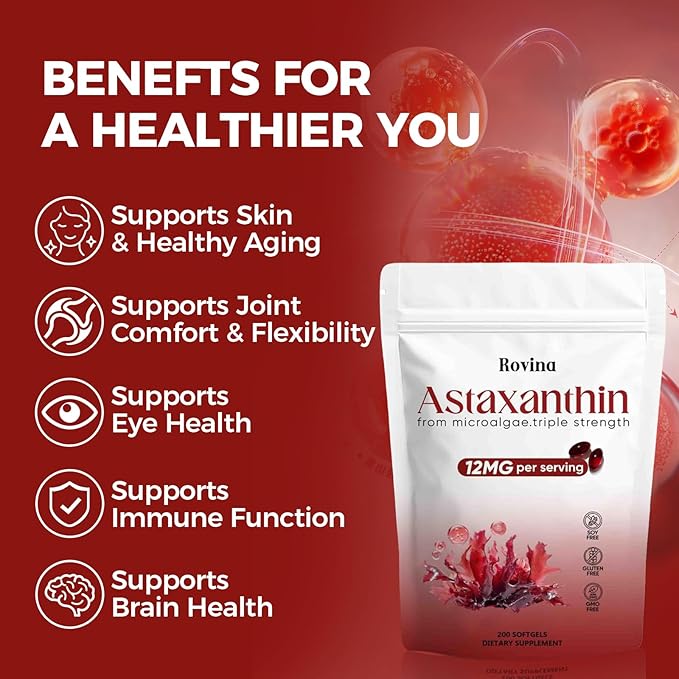 Rovina Astaxanthin 12mg Astaxanthin Antioxidant Supplements for Immune Eye Skin Supports Non-GMO &amp Gluten Free - 200 Softgels