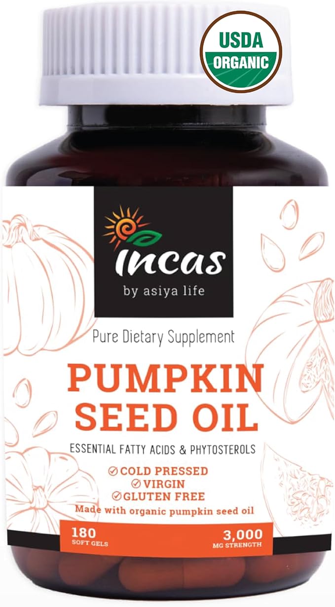 INCAS Organic Certified Pumpkin Seed Oil 3000mg Per Serving 180 Softgels | Cold Pressed Pure Virgin Oil Herbal Supplement | Supports Urinary Bladder &amp Prostate Health | Non-GMO
