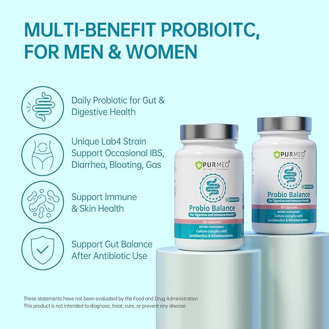 purmeo Balanced Probiotic for Gut &amp Digestive Health with Lab4 Strains - Bloating Gas Constipation IBS &amp Diarrhea Support for Men &amp Women Shelf Stable Vegan Gluten Free 60 Days Supp