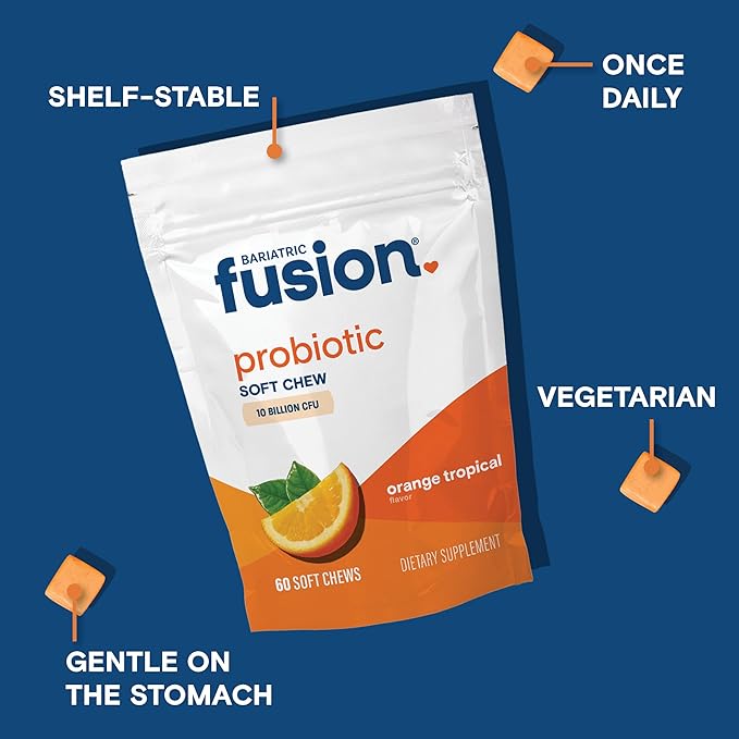 Bariatric Fusion Bariatric Probiotic Soft Chews | Orange Tropical Flavor Chewy Bariatric Vitamin | Bacillus Coagulans 10 Billion CFU Chewable Probiotic | Support Digestive &amp Immune Health | 60 Cou