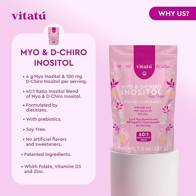 Vitatú | Myo Inositol (4g) &amp D-Chiro Inositol (1g) Ideal Mix 40:1 | Duration 45 Days | with Folic Acid + Vitamin D3 + Zinc Powdered Dietary Supplement for Women (225 g)