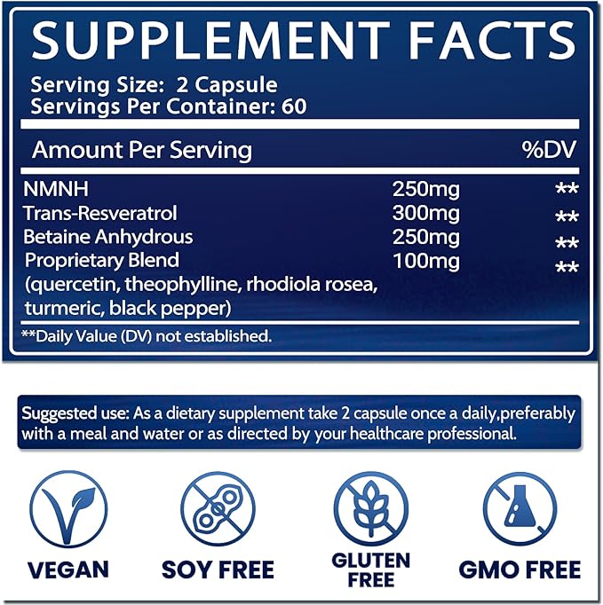 Liposomal NMNH 600mg | NMNH Supplement (Dihydronicotinamide Mononucleotide) Boosts NAD+ Levels Cellular Regeneration &amp Radiant Skin -120 Capsules (60-Day Supply) ﻿