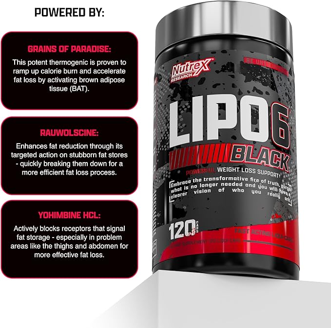 Nutrex Lipo-6 Black Max Strength Fat Burner - Fast Acting Energy Weight Loss Diet Pills – Appetite Suppressant Metabolism Booster - 120 Capsules