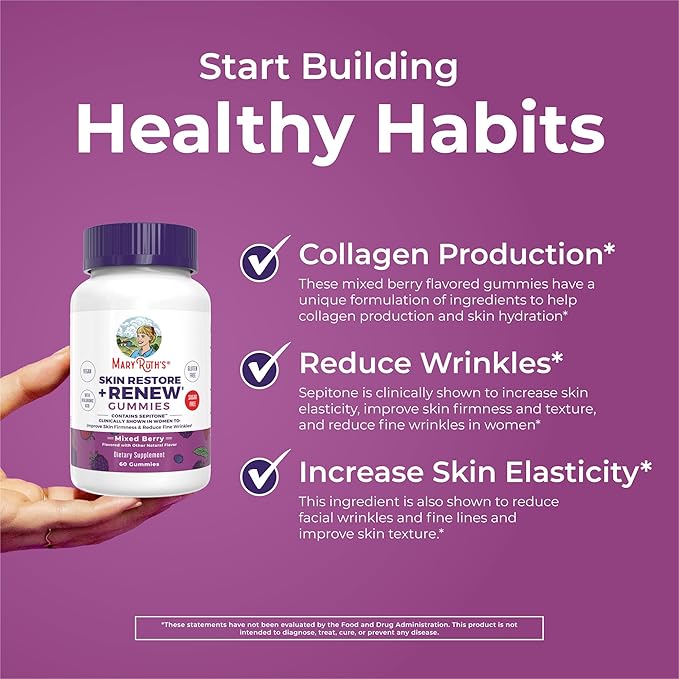 MaryRuth's Skin Restore + Renew Gummies With Hyaluronic Acid | Skin Hydration | Clinically Shown in Women to Reduce Fine Wrinkles &amp Improve Skin Firmness | Vegan Collagen Production | 60 Gummies