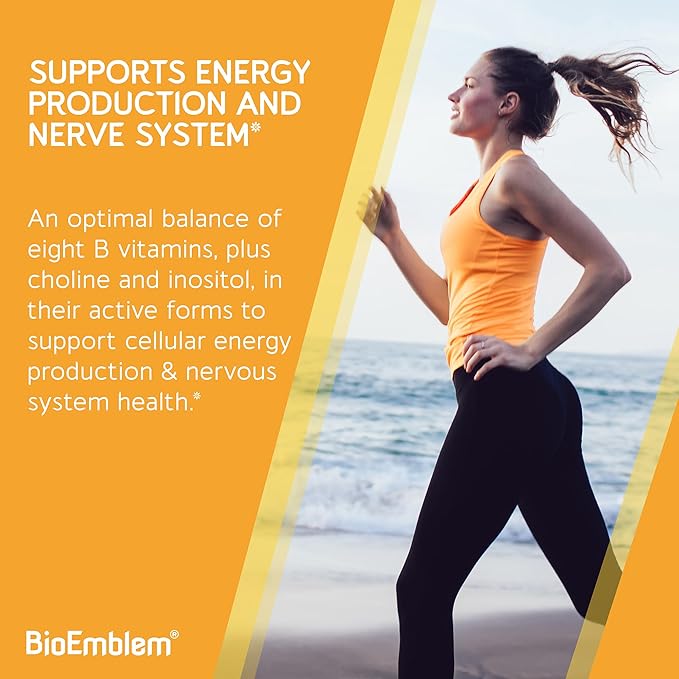 BioEmblem Vitamin B-Complex - All 8 Active Forms with Methyl Folate Methyl B12 B6 Biotin Plus Choline Inositol Supports Energy Metabolism Brain Heart Health - B Vitamin Supplement 90 Capsules