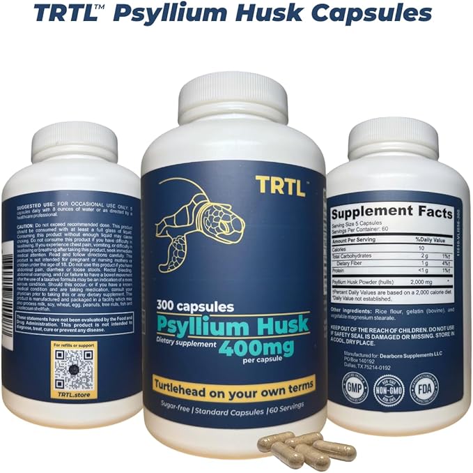TRTL Psyllium Husk Capsules – 300ct | Fiber Supplement for Gut Health &amp Regularity | Non-GMO | 2g Psyllium Husk per Serving