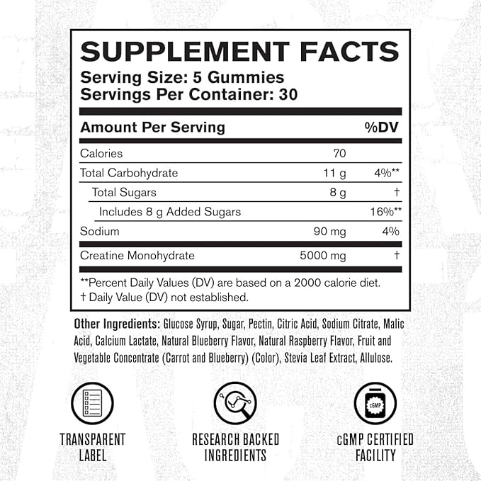 Jacked Factory Creatine Monohydrate Gummies 5g Daily Dose (1g per Gummy) - Creatine Gummy for Men and Women Vegan-Friendly Travel-Friendly Third-Party Tested - 150 Gummies Blue Raspberry &amp Lem