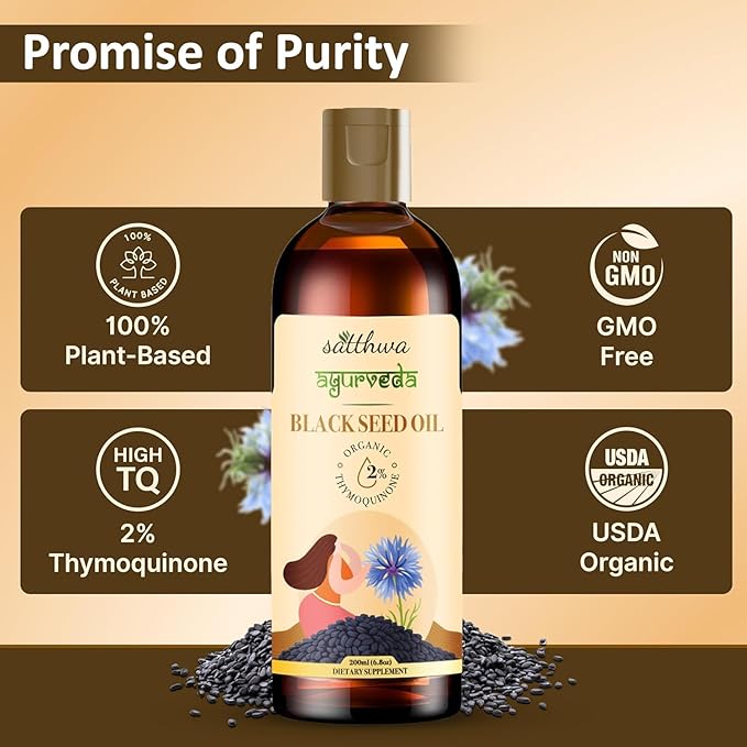 Organic Black Seed Oil – Edible - Cold-Pressed 100% Pure Nigella Sativa Oil High TQ Nutrient-Rich for Immune Hair &amp Skin Support - Satth_wa 200ml