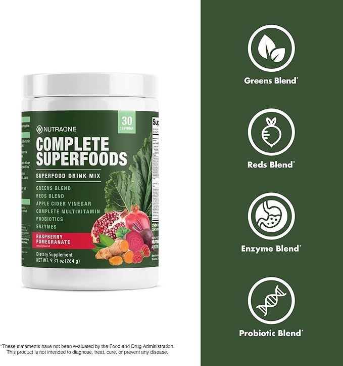Complete Superfoods Greens &amp Reds Blend* Apple Cider Vinegar Digestive Enzyme Blend* Probiotic Blend* Multivitamin* (Raspberry Pomegranate - 30 Servings)