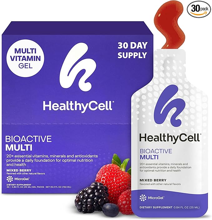Healthycell Bioactive Daily Liquid Multivitamin for Men &amp Women – 20+ Essential Vitamins Minerals &amp Antioxidants for Brain Heart Immunity Energy Skin &amp Hair Support - 30 Gel Packs