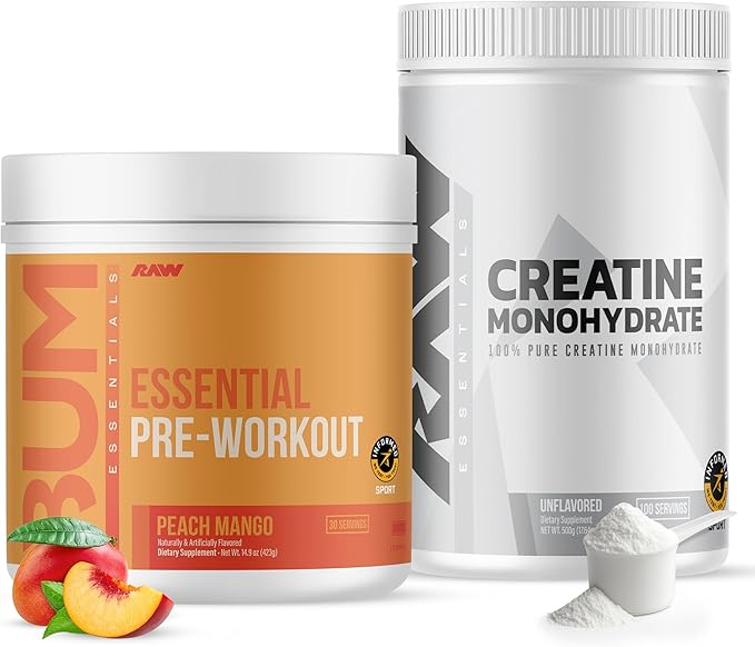 RAW Nutrition Creatine Monohydrate &amp Peach Mango Pre-Workout Powder Bundle