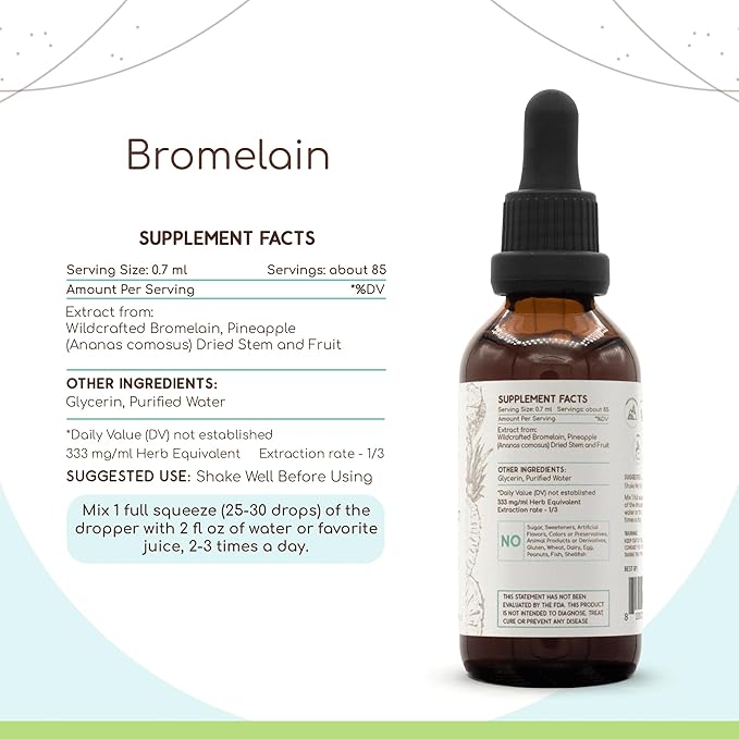 HerbEra Bromelain B60 Alcohol-Free Herbal Extract Tincture Super-Concentrated Wildcrafted Bromelain Pineapple (Ananas comosus) (2 fl oz)