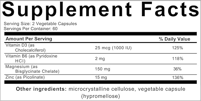 Magnesium Glycinate Complex 4-in-1 - Chelated Magnesium Bisglycinate (150 mg Elemental) with Zinc Picolinate Vitamin D3 &amp B6-120 Vegan Capsules Non-GMO - Men &amp Women