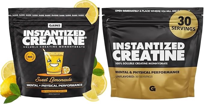 Gains in Bulk Instantized Creatine Monohydrate for Women and Men Soluble Pre Workout Powder Supports Muscle Building Strength and Performance Unflavored and Sweet Lemonade 60 Servings