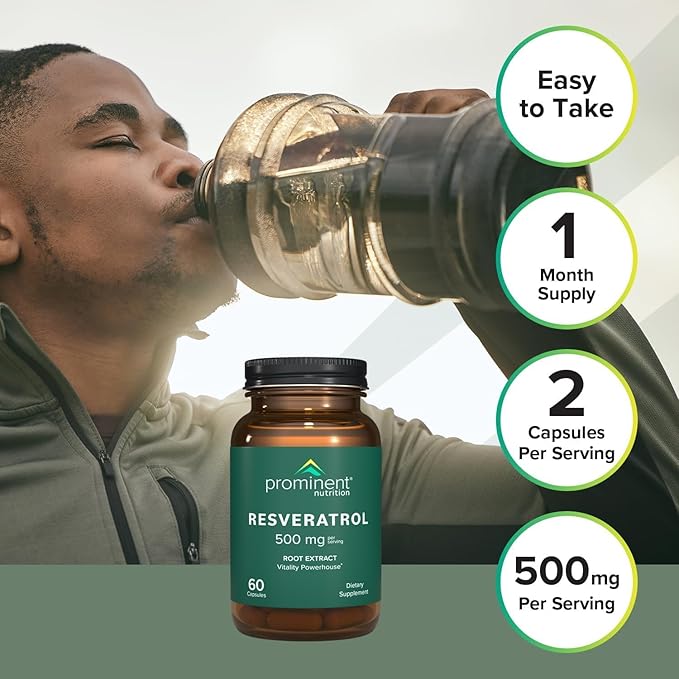 Prominent Nutrition Resveratrol Supplement Anti-Aging and Immune Support 98% Pure Trans-Resveratrol Supplement 500 mg 30 Day Supply - 2 Pack
