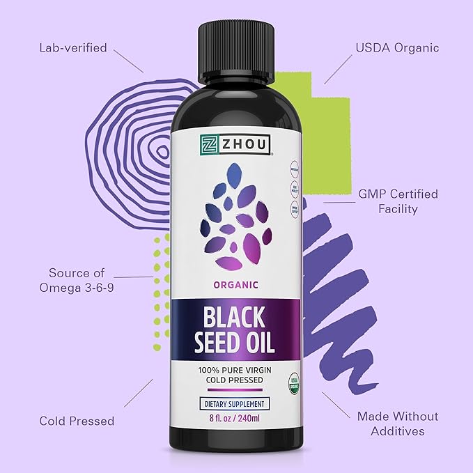 ZHOU Black Seed Oil &amp D3+K2 - Black Cumin Seed Oil Cold Pressed Nigella Sativa Immune Support Vitamin D3 K2 Supplement for Women &amp Men - Pack of 2 8 fl oz + 60 Capsules