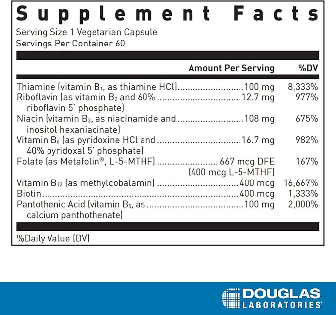 Douglas Laboratories B-Complex with Metafolin - Comprehensive B Vitamin Supplement - Energy &amp Brain Health Support* - With Folate Biotin &amp Thiamin - Non-GMO - 60 Vegetarian Capsules